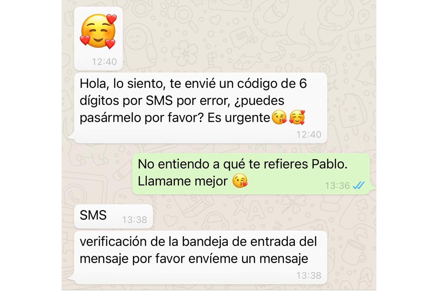 Ejemplo de un intento de secuestro de WhatsApp.