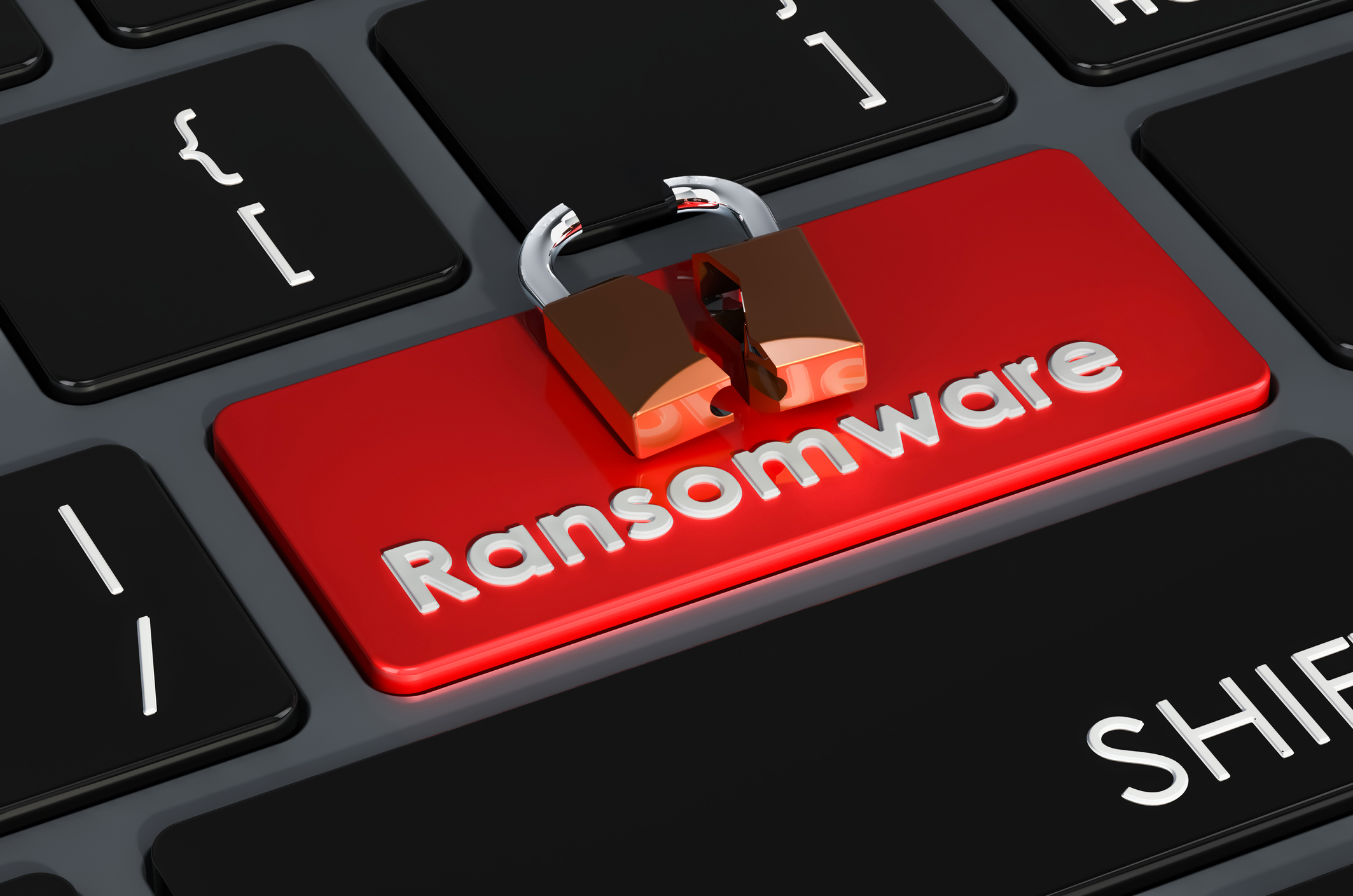 Ransomware red button on keyboard, 3D rendering