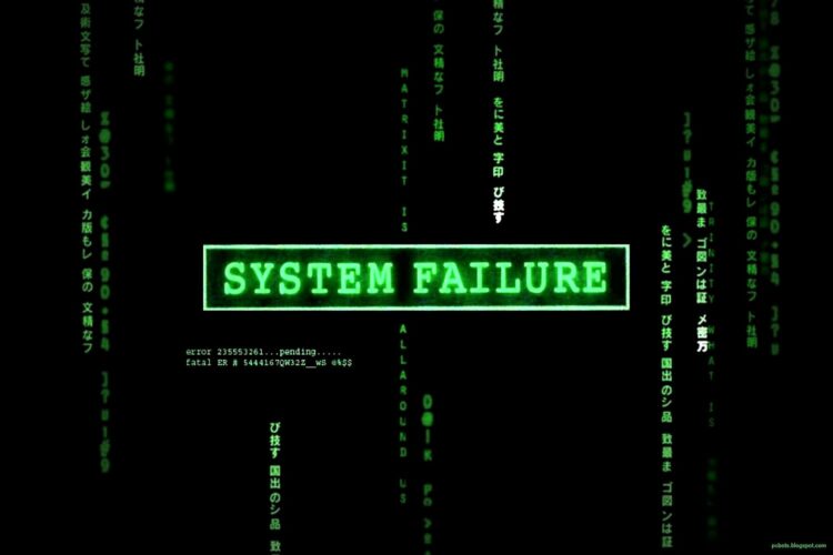 Cartel de aviso de de "System Failure" o fallo del sistema.