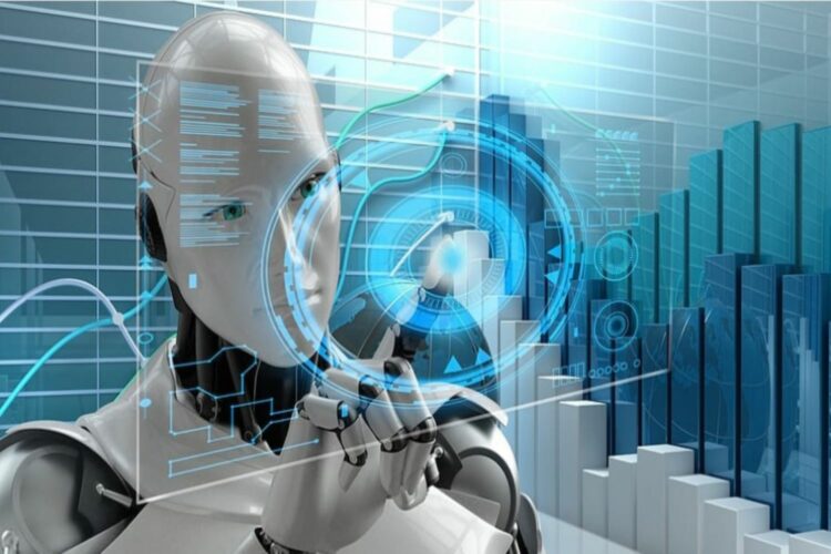 Robot con rostro humano y ojos verdes señala con dedo mecánico una pantalla transparente