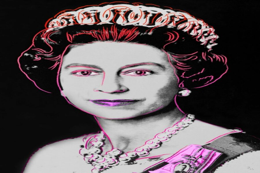 Retrato en estilo 'pop' de la reina Isabel II, con contornos en tono rojo y rosa.
