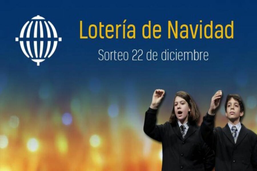 Logo y cartel de la Lotería de Navidad con una niña y un niño 'cantando el número'.