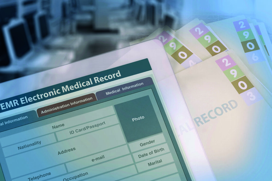 Background photo showing medical record changing from paperwork to electronic medical record.