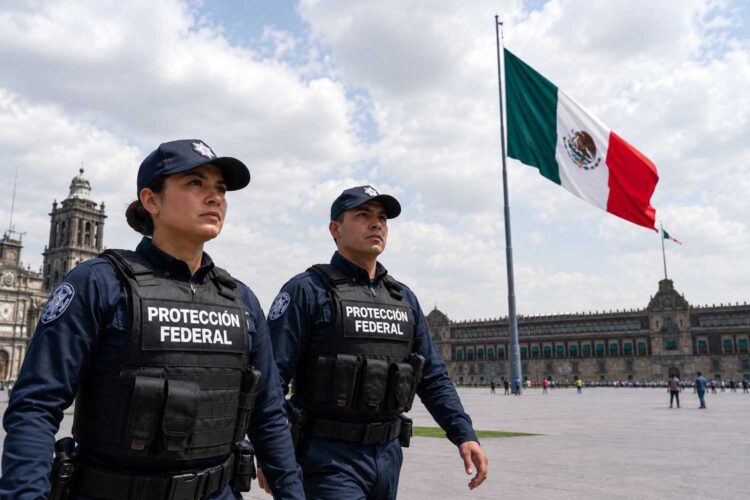 dos integrantes del Servicio de Protección Federal (SPF) patrullan por la plaza del Zócalo en la Ciudad de México